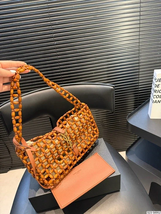 Saint Laurent Woven Bead Shoulder Tote in Cognac