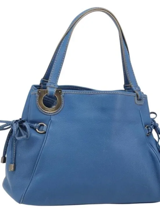 Salvatore Ferragamo Gancini Tote Bag Leather Blue Gold Auth 185584A