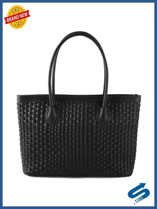 Vegan Leather Woven Tote Bag Handmade Shoulder Handbag Zip Closure Travel Beach