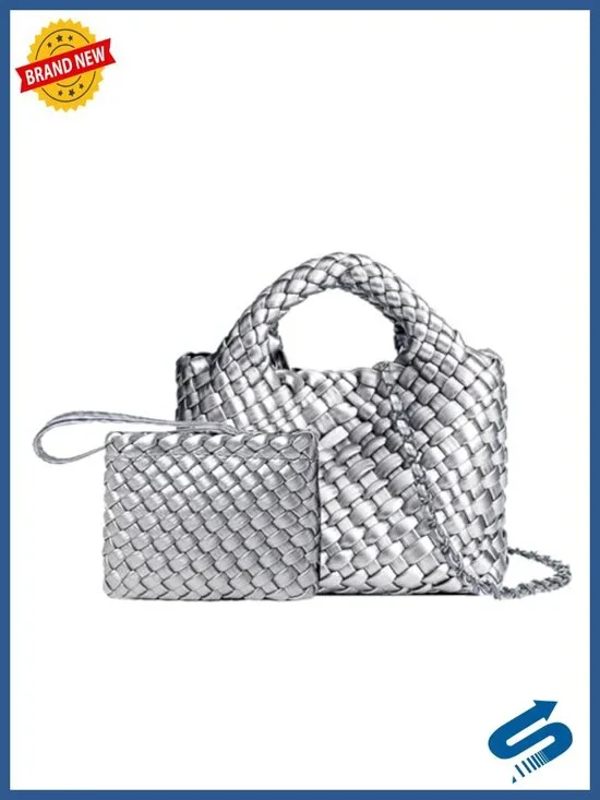 Woven Vegan Leather Tote Bag with Coin Purse, Foldable Crossbody Handbag
