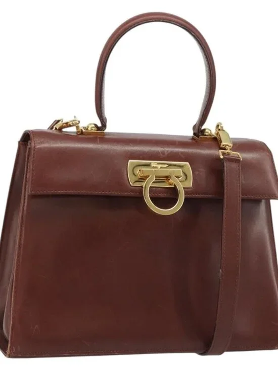 Salvatore Ferragamo Gancini Hand Bag Leather 2way Brown Gold Auth 186375