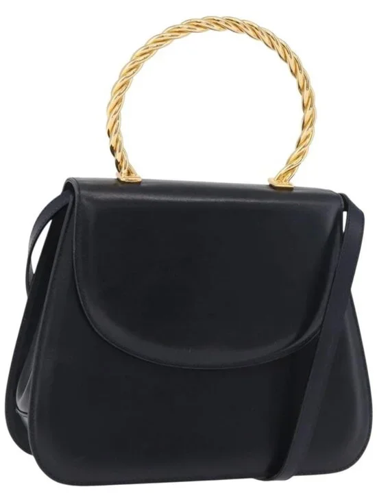 Salvatore Ferragamo Hand Bag Leather 2way Navy Gold Auth 185733A