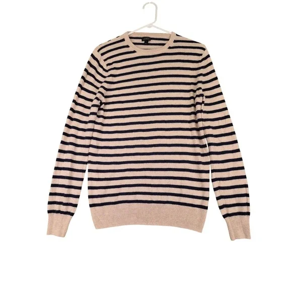J.Crew Mens 100% Cashmere‎ Striped Crewneck Sweater Navy Beige H0954 Medium