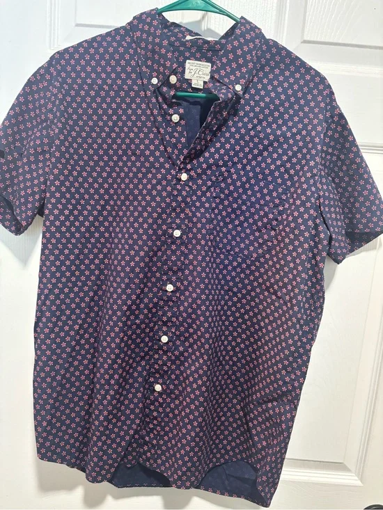 J. Crew Navy Short-Sleeve Button-Down Shirt with Pink Micro Floral Print