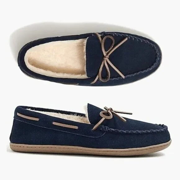 J Crew Men's Navy Suede Slippers Sherpa‎ Lined Slip On Winter Shoes Size 13