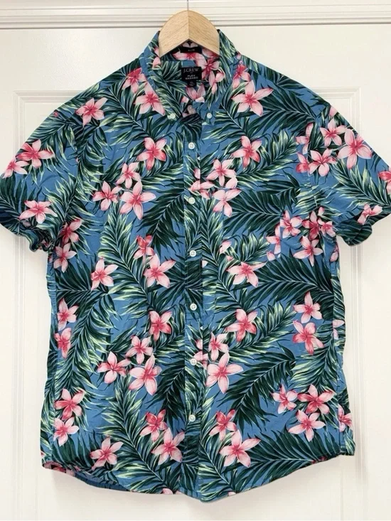 J.Crew Mens XL Tropical Hawaiian Blue Pink Floral Palm Leaf Short Sleeve Shirt