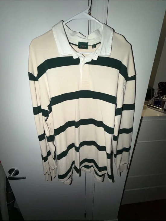 J. Crew Cream and Dark Green Striped Rugby Polo