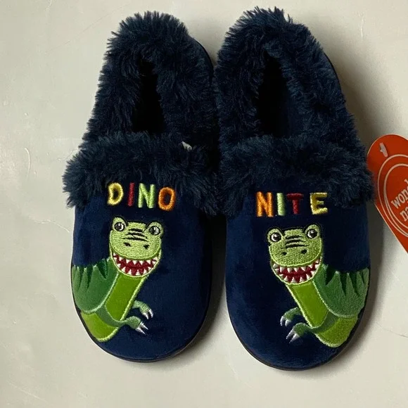 Wonder Nation Kids Navy Blue Dinosaur Dino Nite Slippers Size 9-10‎ NWT