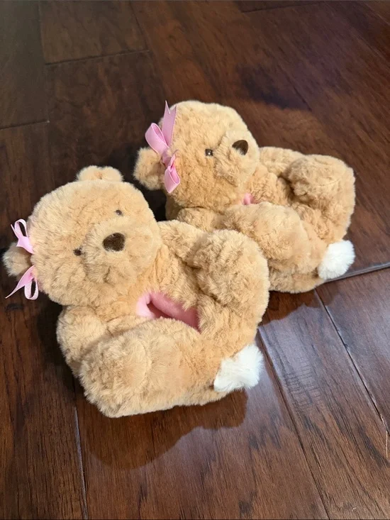 Plush Brown Teddy Bear Kids Slippers with Pink Bows