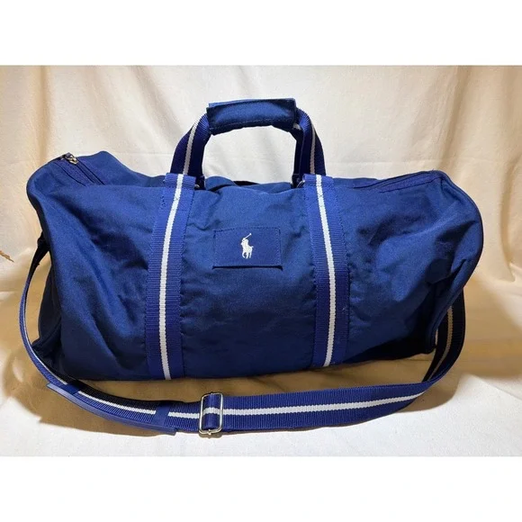 Polo Ralph Lauren Blue Canvas Duffel Bag Weekender Royal Blue Striped Strap