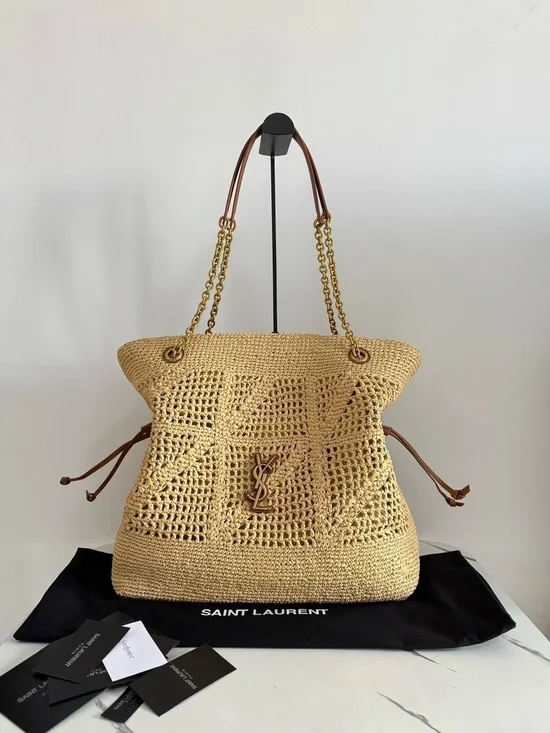 Saint Laurent Beige Crochet Tote with Chain & Leather Straps
