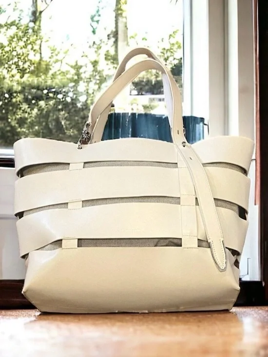 Rebecca Minkoff Cage Stella Large Leather White Tote Bag Purse with Pouch