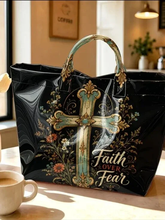 Faith Over Fear Insspirational Floral Retro PVC Tote Hand Bag Large
