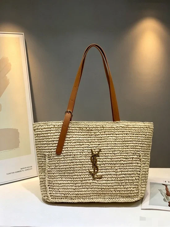 Beige Woven Straw Tote with Tan Leather Straps and Gold Logo
