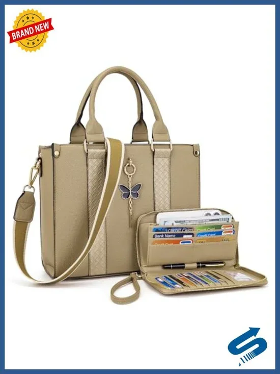 Faux Leather Tote Bag and Matching Wallet Set with Butterfly Pendant, RFID