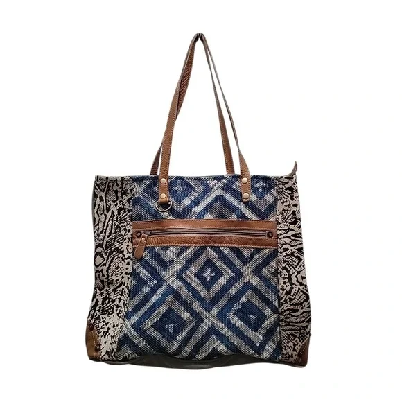 Myra Bag Upcycled Tote Large Purse Repurposed Boho Chic Canvas & Leather