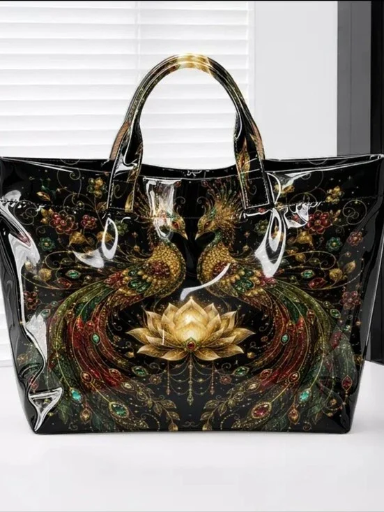 Beauiful Peacock Goolden Lotus Glossy Large PVC Daily Commute Tote Bag