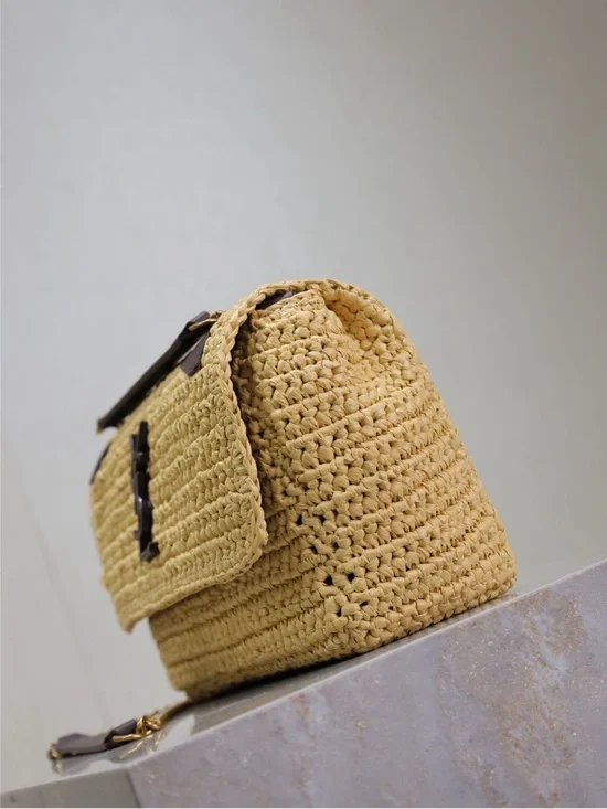 Saint Laurent Straw Crochet Shoulder Bag in Natural Beige with Dark Brown Trim