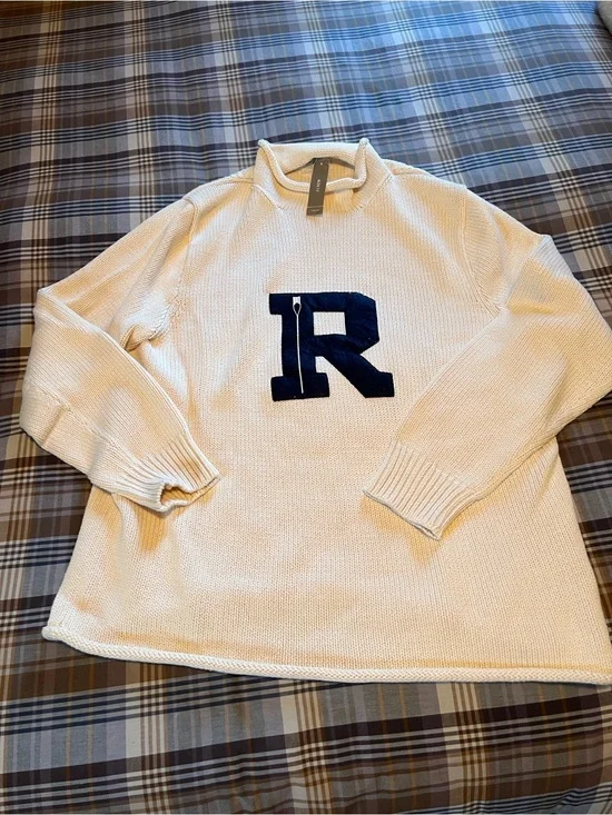 J. Crew Cream Knit Sweater with Navy 'R' Applique