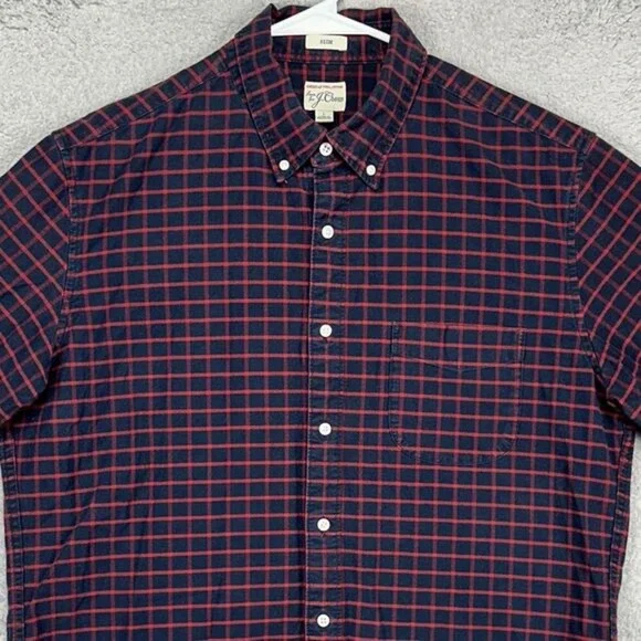 J Crew Button Down Shirt Adult Large Navy Red Plaid Pima Cotton Slim Fit Mens