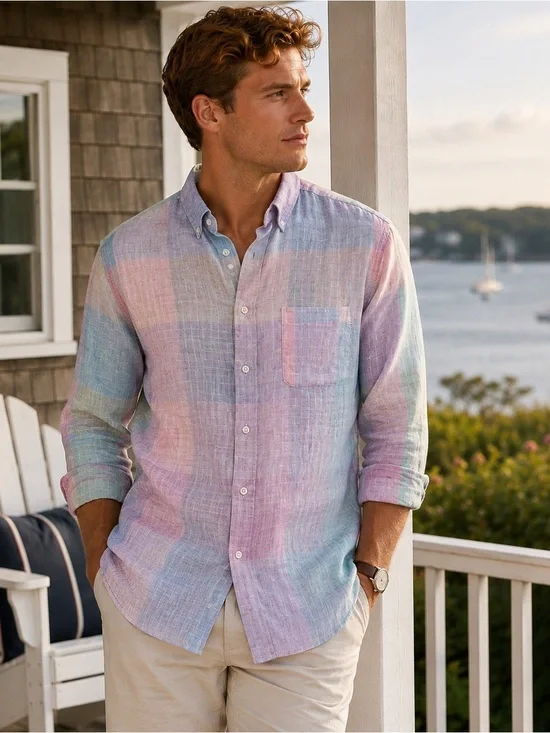 J.Crew Baird McNutt Linen Shirt Size L Pastel Plaid Classic Fit Coastal Preppy