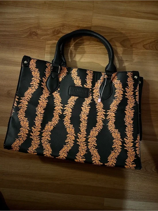 Black Tote Bag with Orange Leaf Stripe Pattern