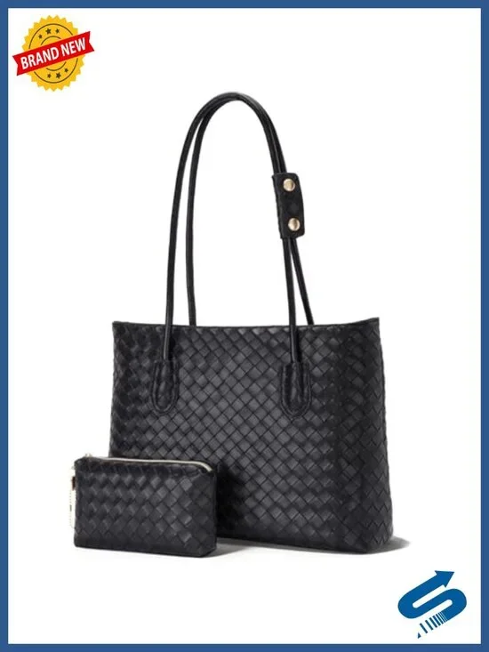 Woven Tote Bag Women Vegan Leather Shoulder Bag with Zipper Pouch Weekender
