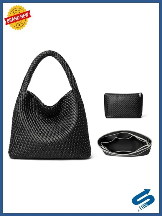 Woven Tote Bag Women Large Capacity Vegan Leather Hobo Purse with Pouch