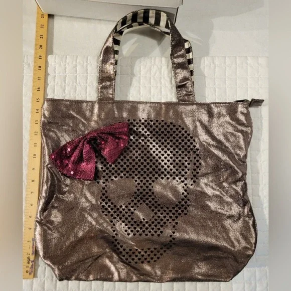 Betsey Johnson Charcoal Metallic Betseyville‎ Skull Tote Sequin Pink Bow Hearts