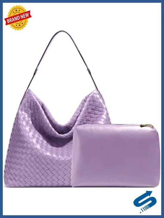 Faux Leather Woven Hobo Tote Handbag Satchel Shoulder Crossbody Bag with Clutch