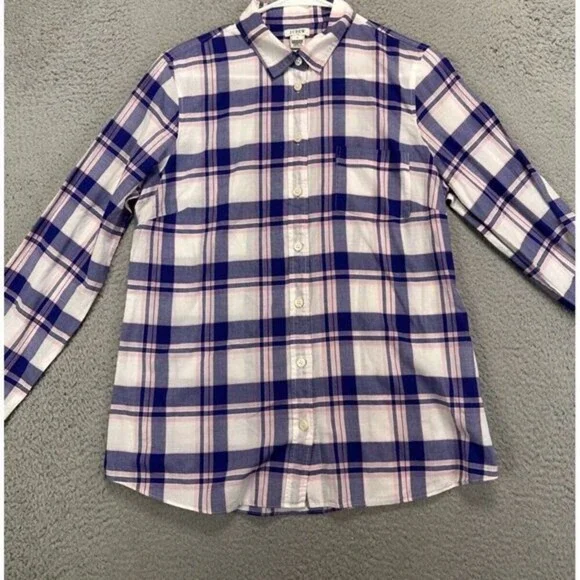J Crew Button Up Shirt Womens Medium Purple Plaid Long Sleeve Pockets Ladies