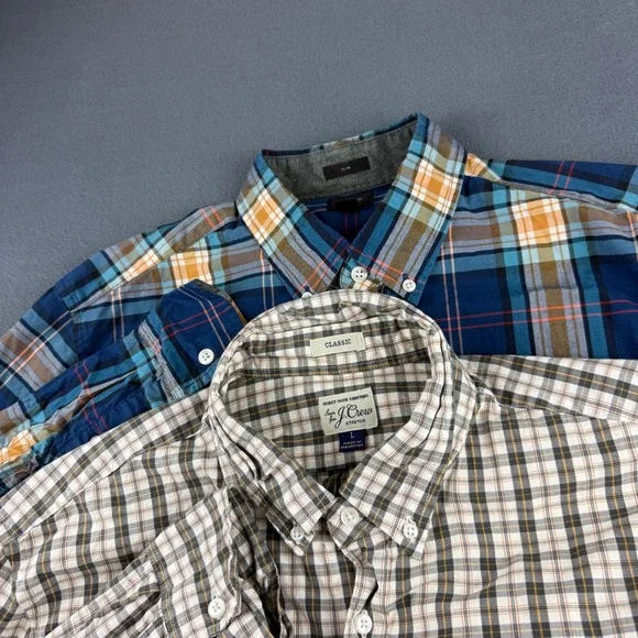 J Crew Shirt Men's L Plaid Secret Wash Stretch Classic Slim Oxford Lot of 2