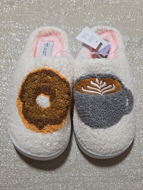 Fuzzy Slippers with Donut & Coffee Design
