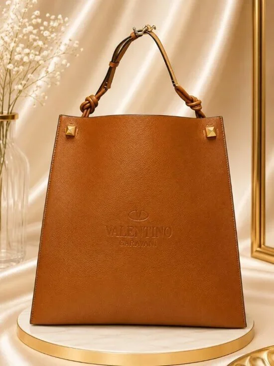 Authentic Valentino Garavani Brown Leather Shopper Tote Bag