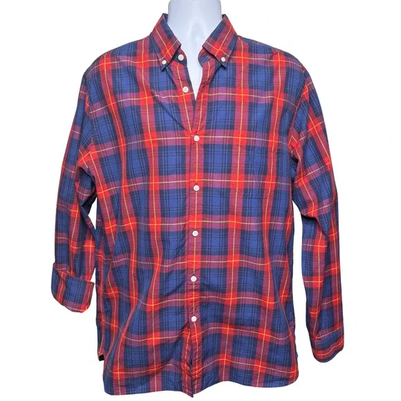 J. CREW Mens Blue Red Plaid Button Down Shirt Sz L Classic Fit Casual Timeless