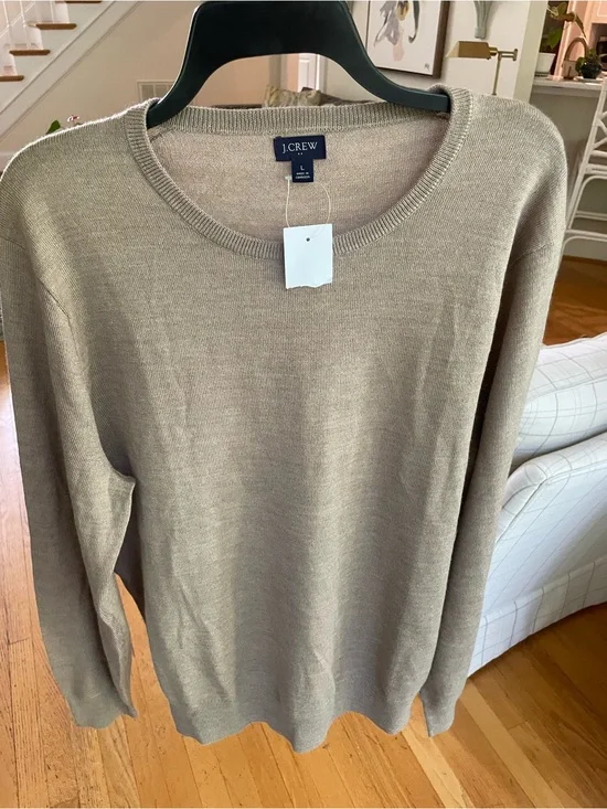 J.Crew NWT Mens Large Tan Beige Wool Blend Crewneck Sweater Pullover Lightweight
