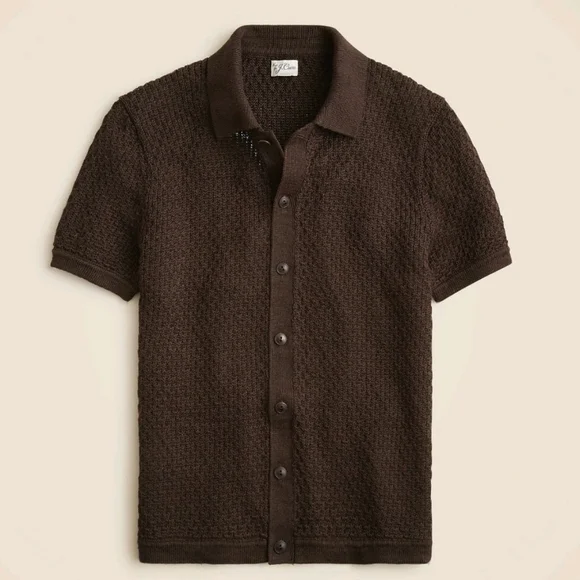 J Crew Short-sleeve linen texture-stitch cardigan sweater-polo Size M Brown NWT