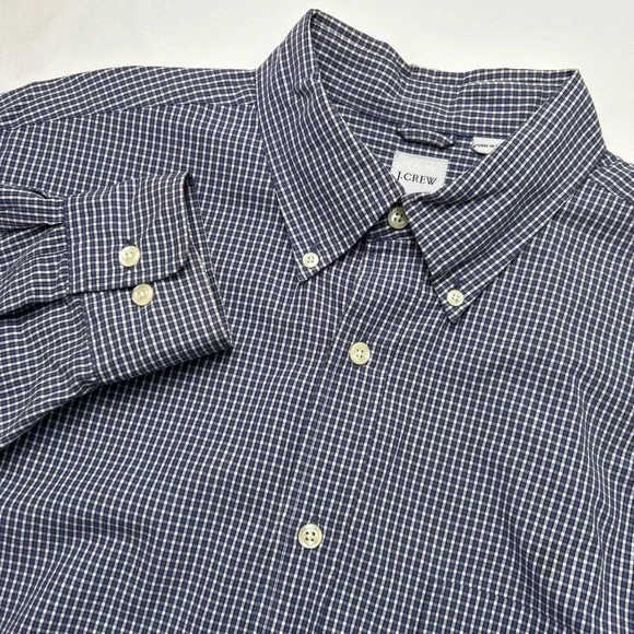 J Crew Men Button Down Shirt Size L Blue Gingham Check 100% Cotton Casual Office