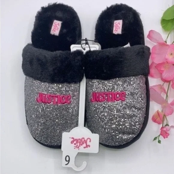 Justice Girls Graphic Slip On Sparkling Scuff Slippers Shoes Size 6