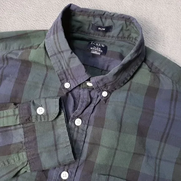J Crew Shirt Mens Medium Black Green Blue Flex Washed Tartan Plaid Black Watch