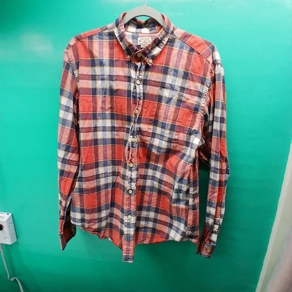 J‎ Crew Summer Plaid Shirt Tailored Fit Button Down Men Size L Red Blue
