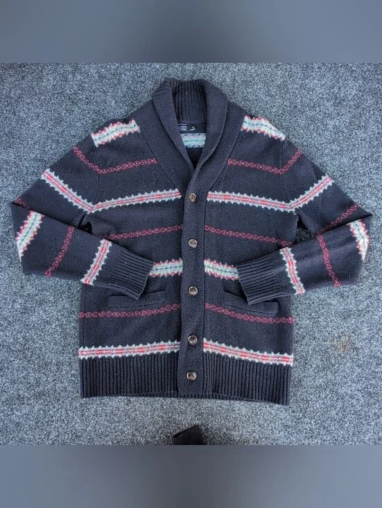 J Crew Cardigan Sweater Mens Small Blue Shawl Collar Lambswool Fair Isle Nordic