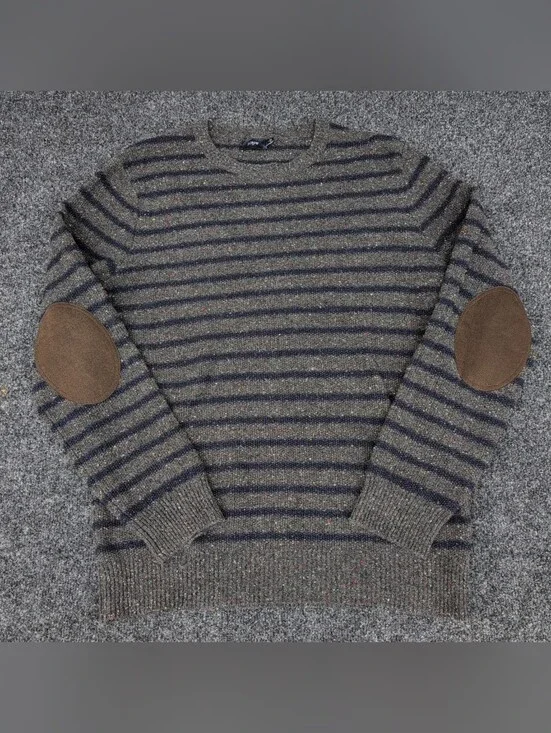 J Crew Sweater Mens Large Lambswool Gray Speckled Striped Elbow Patches Preppy