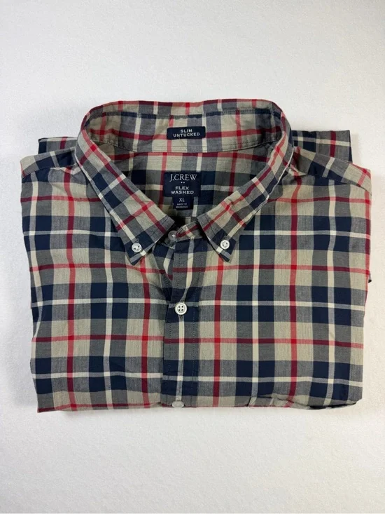 J Crew Flex Shirt Men L Red/Gray/Blue Long Sleeves Button Down Slim Untucked