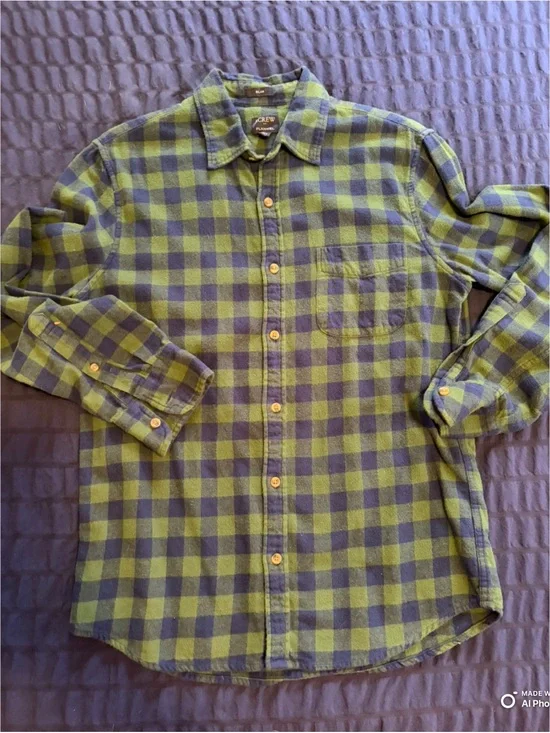 J. Crew Men's Green and Blue Buffalo Check Flannel Shirt