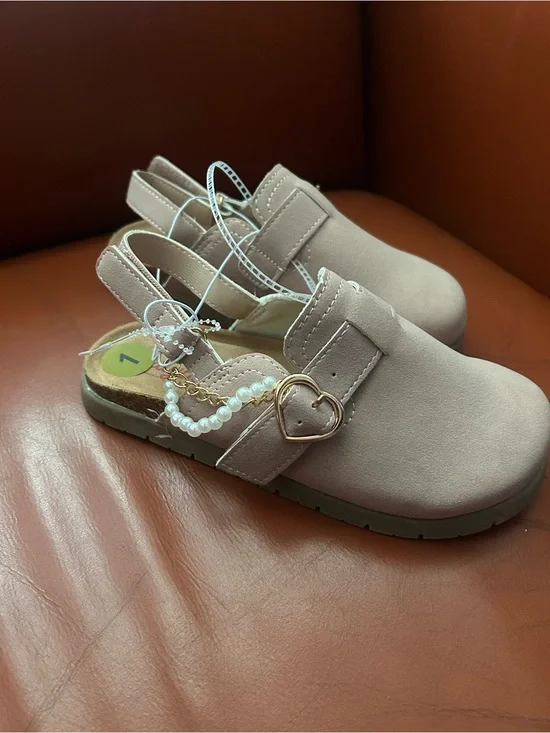Beige Slingback Mule Sandals with Heart Charm