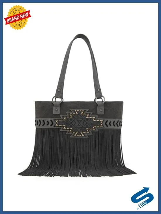 Tooled Genuine Leather Tote Bag Fringe Tribal Embroidery Laptop Shoulder Handbag