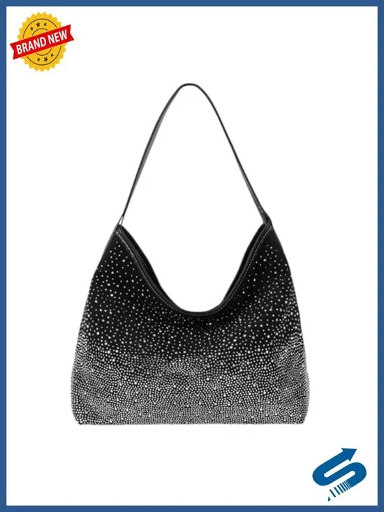 Women Suede Leather Tote Handbag with Rhinestones Sparkly Evening Shoulder Hobo