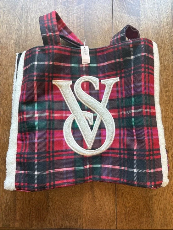 Victoria's Secret Red & Black Plaid Tote with Sherpa Trim
