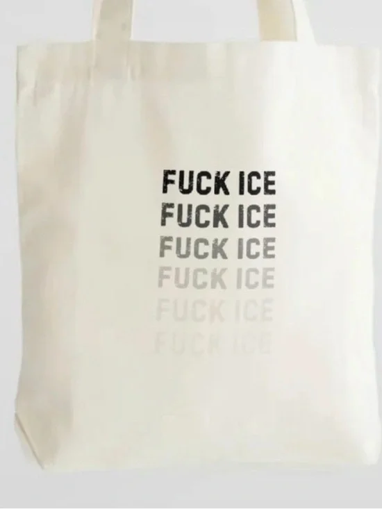 Canvas Tote Bag with Repeated Black Text Print